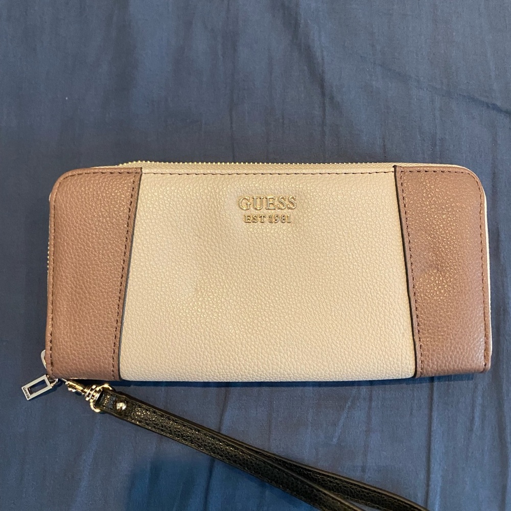 Guess Gray-Cream and Purple Leather Wallet with Zip-Around Closure